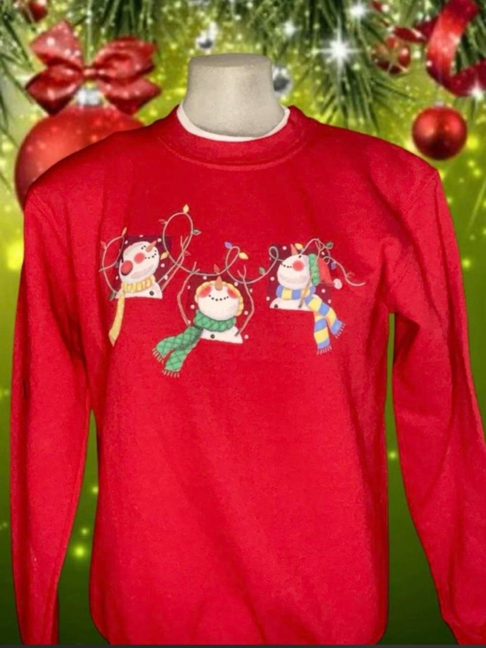 coolwater creations twee red christmas sweatshirt with graphic of three snowmen